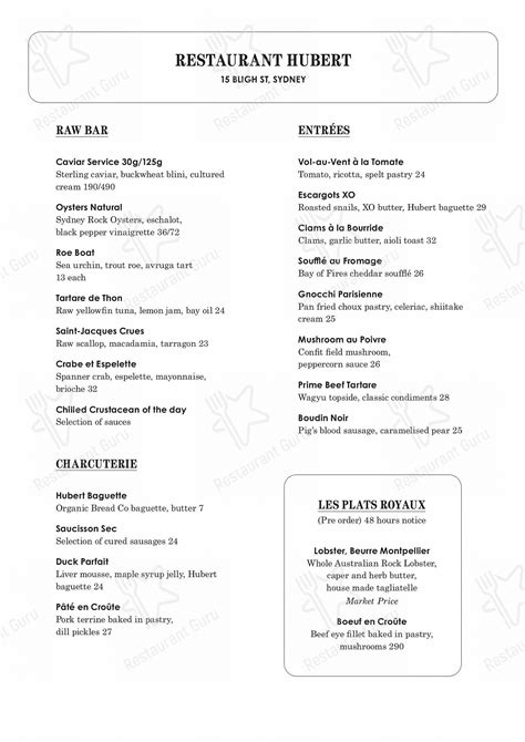 restaurant hubert sydney menu.